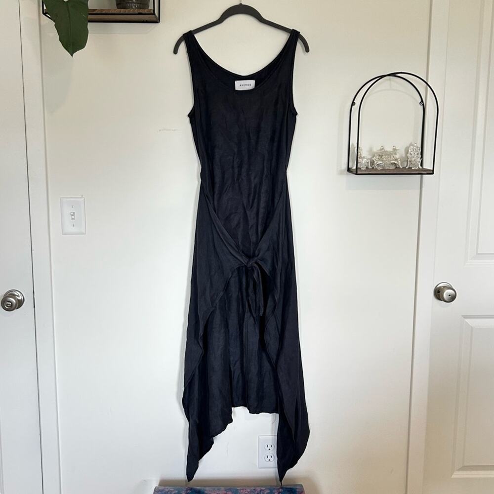 Anemos Dark Navy Tie Waist Linen Cupro Sleeveless Dress Size Small